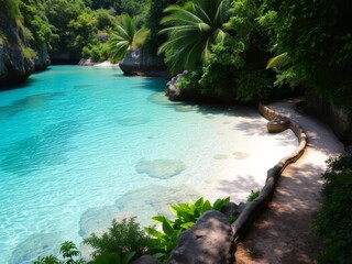 A winding coastal walkway through a lush tropical forest, leading to a secluded cove with crystal-clear waters