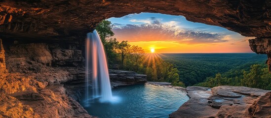 Cave Waterfall Sunset Vista