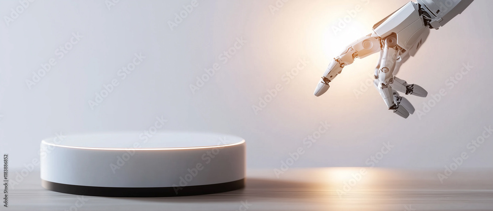 Aufkleber robotic arm with glowing fingertip reaches toward circular platform, symbolizing advanced technology and innovation in artificial intelligence and robotics
