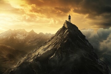 Determined individual conquers mountain peak under dramatic sunset in breathtaking landscape