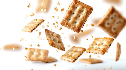 Flying delicious crackers isolated on white background