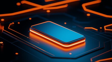 Futuristic Smartphone with Blue and Orange Digital Grid Design and Virtual Network