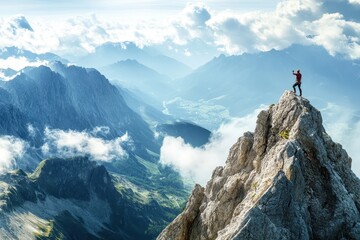 Determined individual conquers mountain peak under dramatic sunset in breathtaking landscape