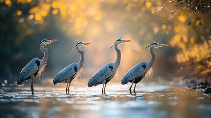 Naklejka premium Four herons standing in shallow water at sunrise.