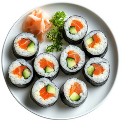 Sushi Rolls with Soy Sauce on White Surface, vibrant presentation of assorted sushi elegantly arranged, minimalistic white backdrop enhancing colors