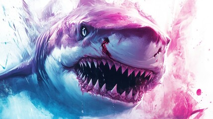 Naklejka premium The aggressive great white shark, with its vibrant colors and bloody mouth, displays its powerful jaws and intense stare as it prowls the ocean, a relentless predator of the deep