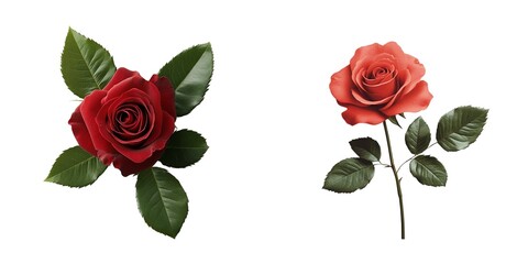 Naklejka premium Two beautiful red roses with green leaves on a white background.