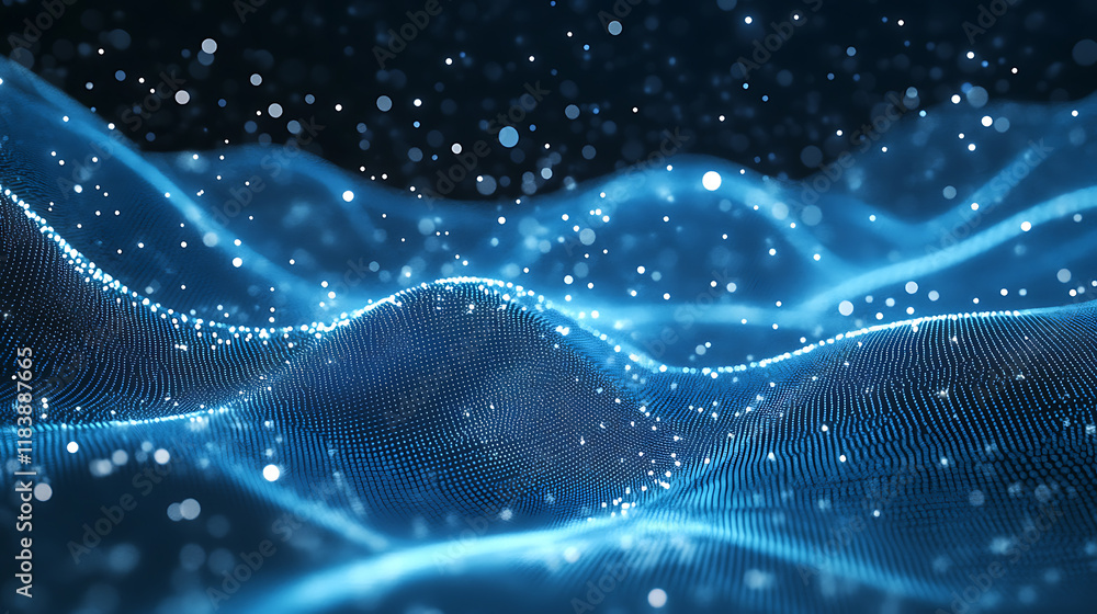 Poster futuristic data stream 3d illustration, data transfer technology, wave of dots and weave lines, abst