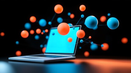 Futuristic Laptop with Abstract Network of Connected Spheres Representing Digital Communication