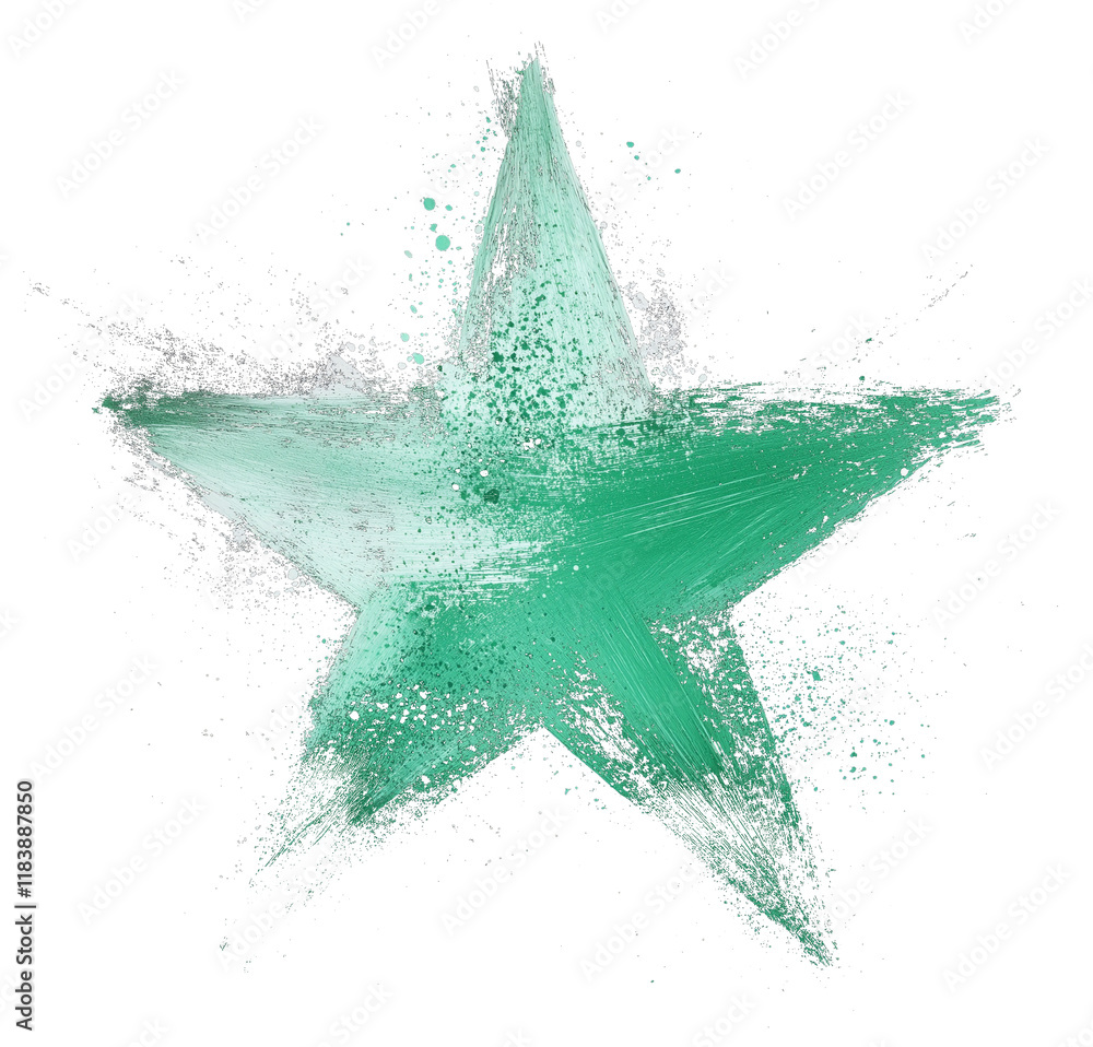 Aufkleber mint green star painted with soft, minimal strokes and splattered textures on transparency backgroun