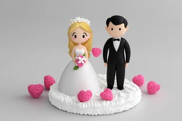 wedding concept. Wedding cake topper featuring a bride and groom with hearts.