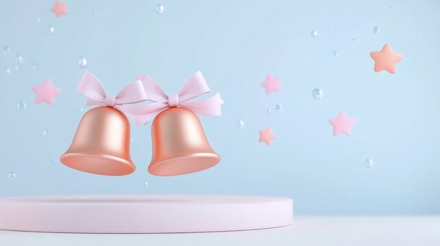wedding concept. Ringing bells with pink accents against a light blue background.
