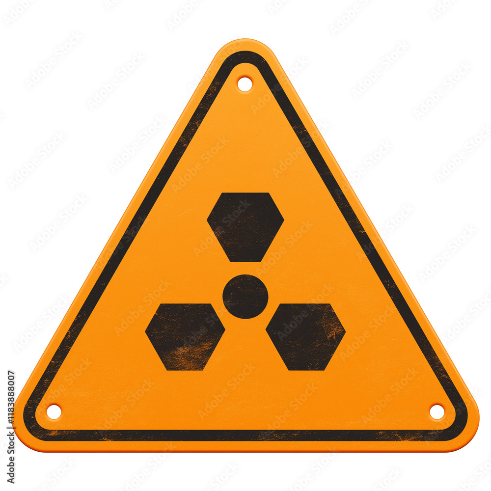Aufkleber Orange triangular warning sign with radiation hazard symbol, featuring 3D raised effect and slight weathered texture, isolated on transparency background