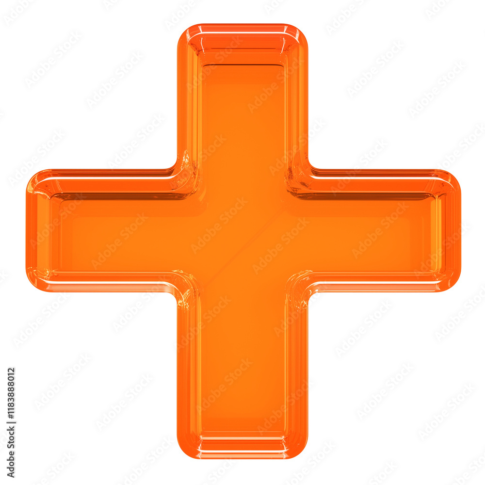 Poster Glossy orange cross symbol with neon like glow, isolated on transparency background, creating vibrant and modern design element
