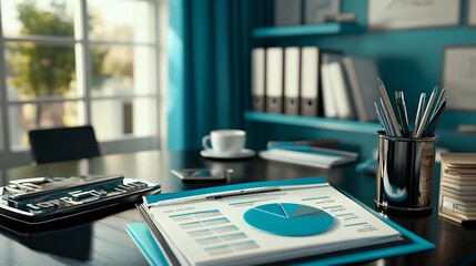 Naklejka premium Modern office desk with financial report, pie chart, stationery, and teal decor.