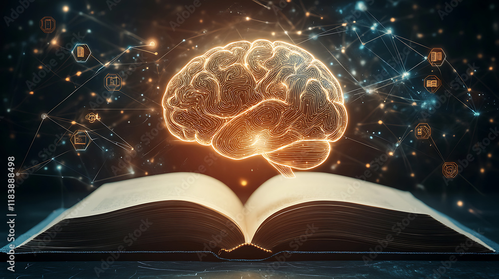 Leinwandbilder glowing virtual brain floats above an open book with leaning icons on dark background which is a sym