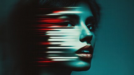 Digital distortion on woman's face in cyberpunk style