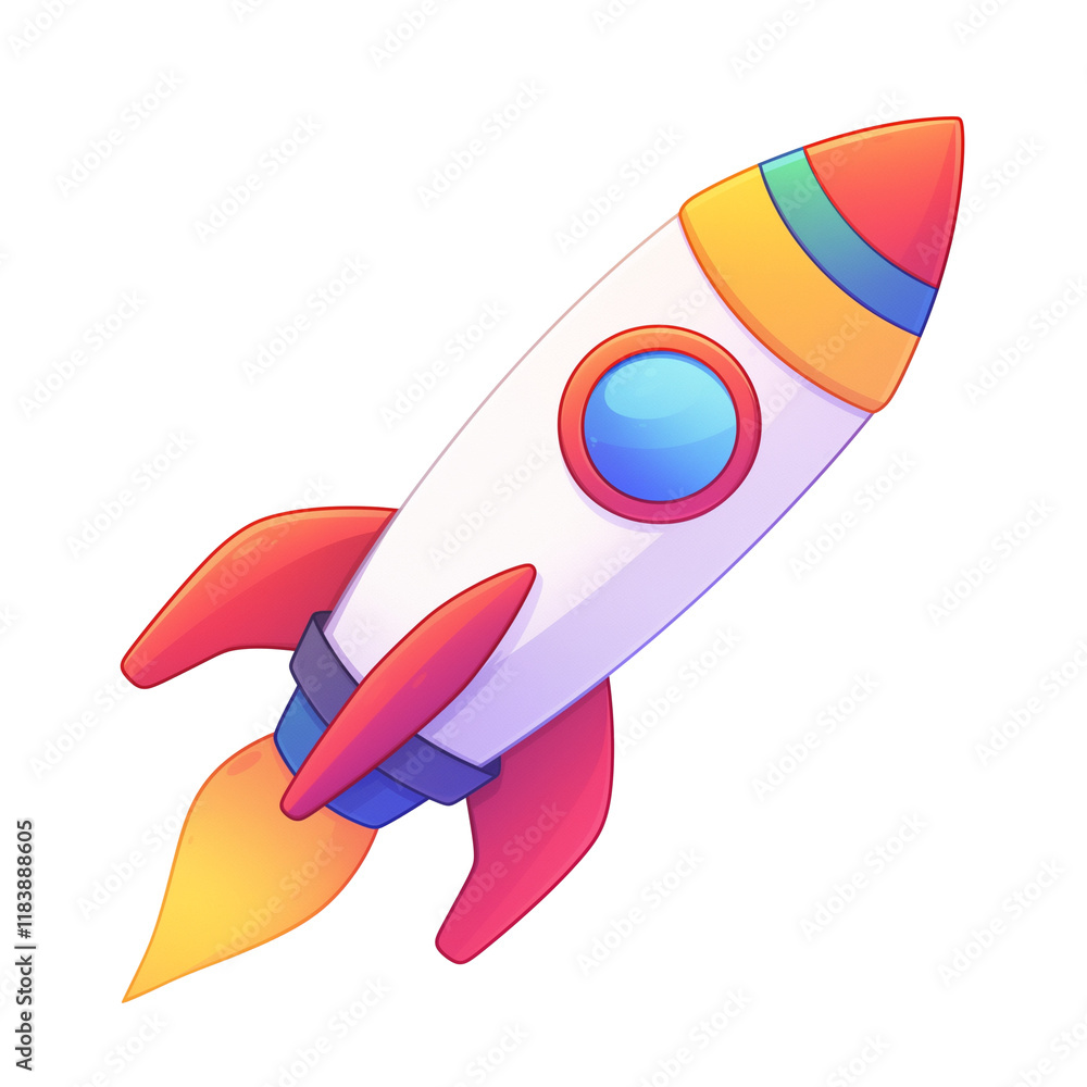 Poster vibrant rainbow colored rocket with shimmering effect, featuring sleek design and colorful fins, iso