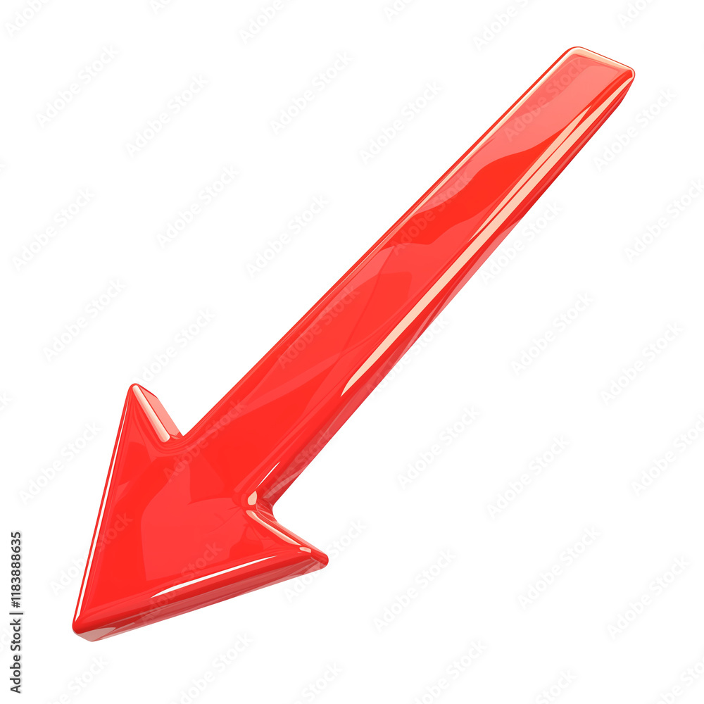 Poster shiny red 3d arrow pointing downward, isolated on transparency background, with glossy and reflectiv