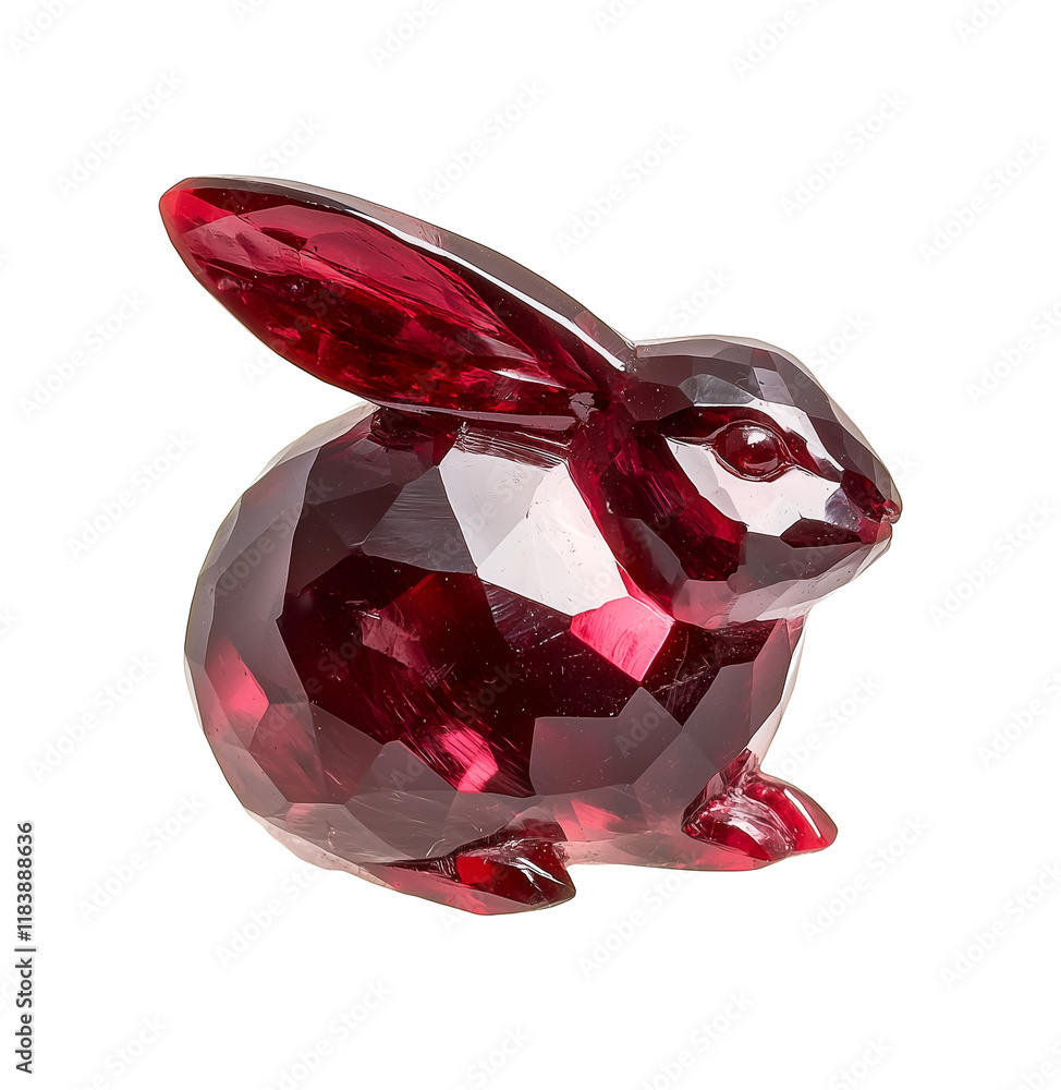Poster red crystal rabbit figurine with faceted design is isolated on transparency background, showcasing its elegant and reflective surface