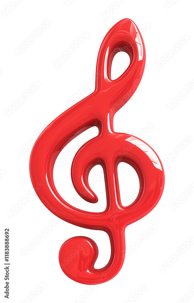 Poster red treble clef made of glossy plastic, isolated on transparency background, symbolizing music and c