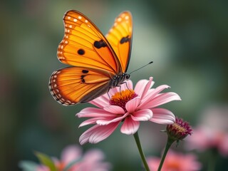 In the vibrant realm of Fauvism, a majestic, orange butterfly spreads its wings on a dainty, pink flower, as natures palette unfolds in bold, imaginative hues