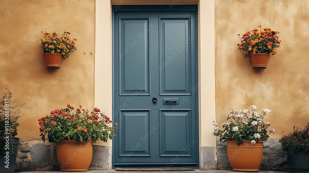 Poster gray front door with small square decorative windows and flower pots in front of it