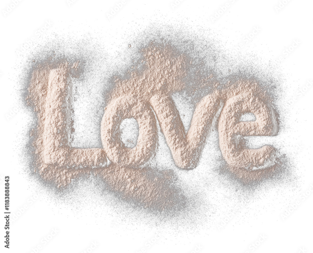 Poster love written in soft beige sand with natural brush textures, isolated on transparency background, cr