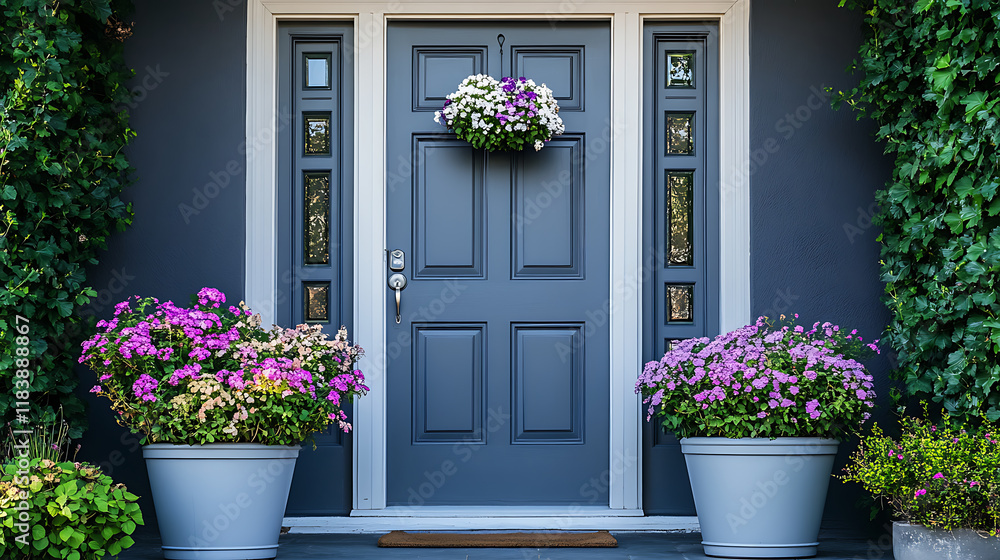 Poster gray front door with small square decorative windows and flower pots in front of it