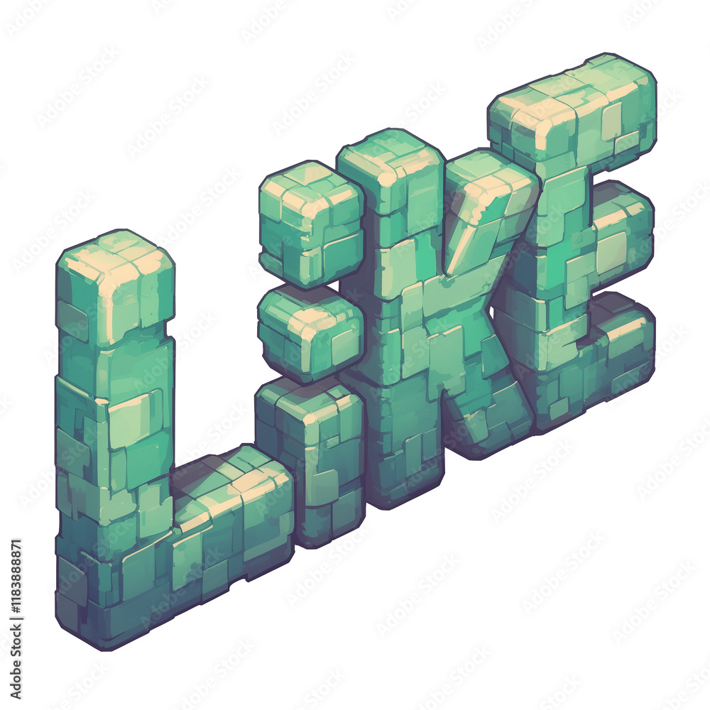 Poster seafoam green pixelated 3d text spelling like with blocky, textured design, isolated on transparency