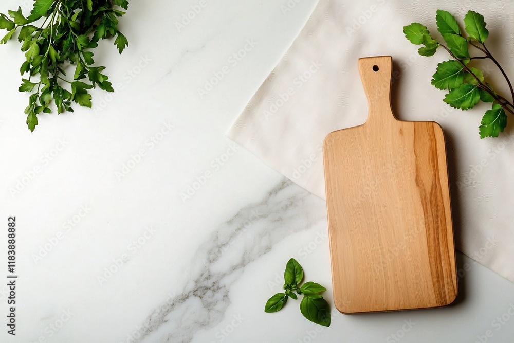 Poster inspired close up of a marble tabletop featuring a plain wooden chopping board and a delicate linen 