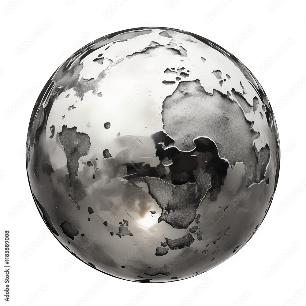 Poster silver globe with textured surface, featuring abstract continents and reflective metallic finish, is