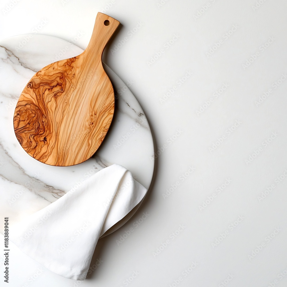 Poster minimalist top down view of a marble table surface featuring a wooden board and a crisp white linen 