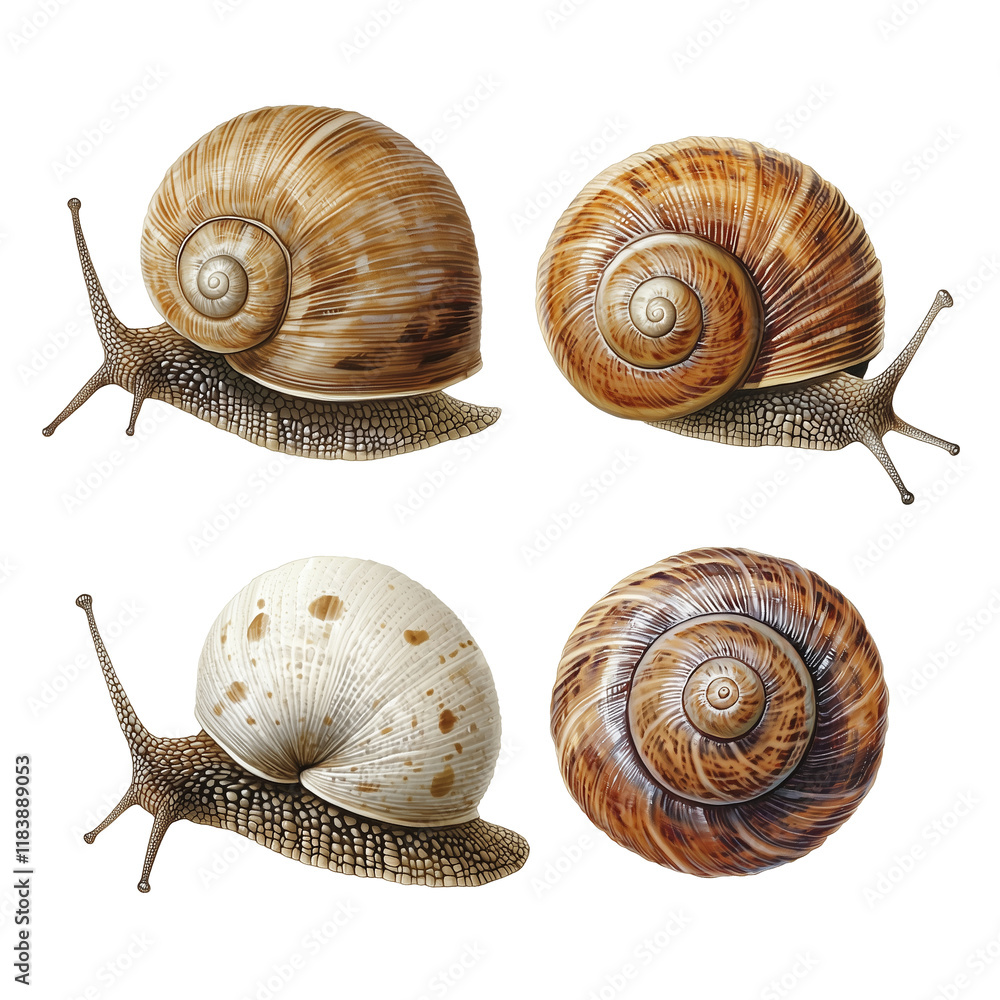 Aufkleber Four detailed snail illustrations showcasing unique shell patterns and textures, isolated on transparency background, highlighting their natural beauty and diversity