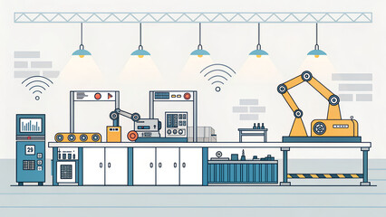 Fototapeta premium Industrial Automation Workspace with Robots and Machinery Setup