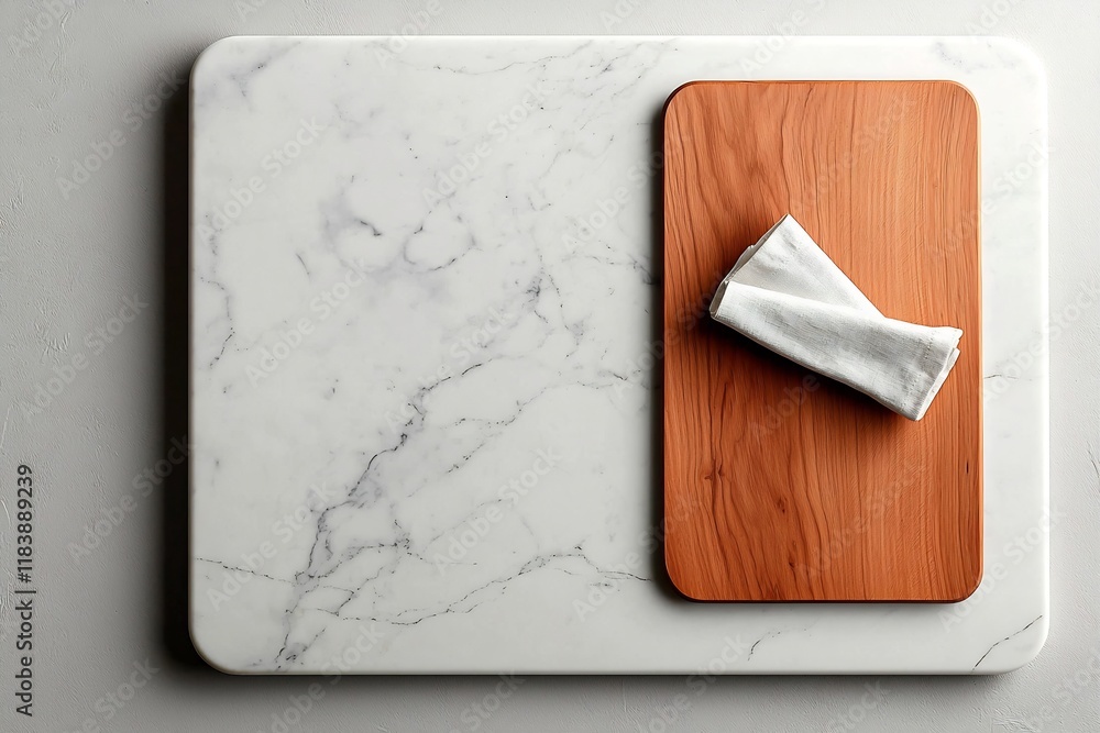 Poster refined marble tabletop featuring a simple wooden board and neatly folded linen napkin captured from