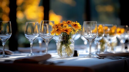 Fototapeta premium Sunlit table setting with flowers, autumn background, restaurant scene, event preparation