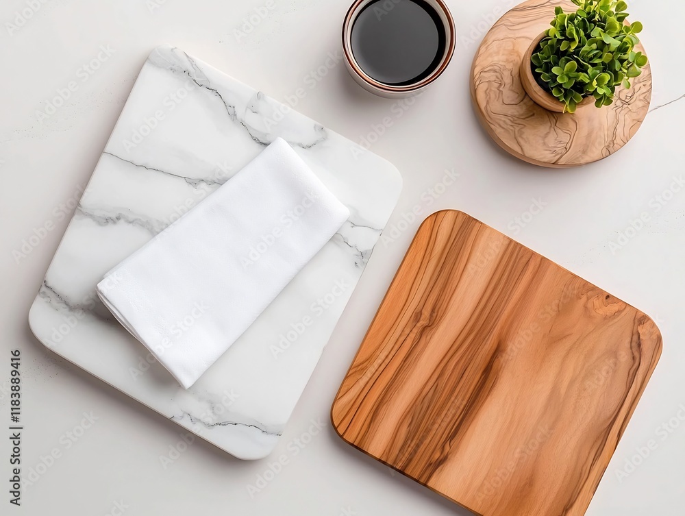 Poster elegant overhead shot of a marble table wooden board and pristine white napkin showcasing their eleg