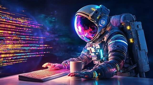An astronaut sits at a computer keyboard, immersed in a colorful cosmic setting, with swirling digital data surrounding the figure.