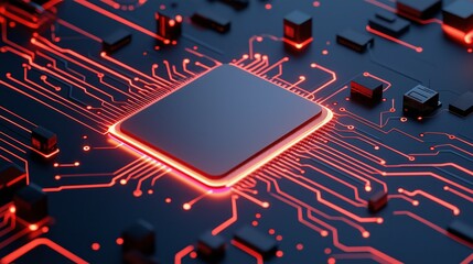 Futuristic Microchip on Circuit Board with Glowing Red Connections and Modern Design