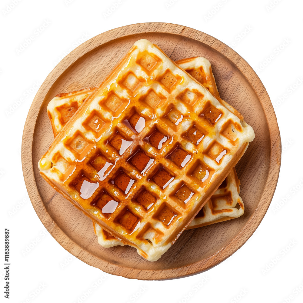 Poster golden waffles stacked on wooden plate, drizzled with syrup, creating delicious and inviting breakfa