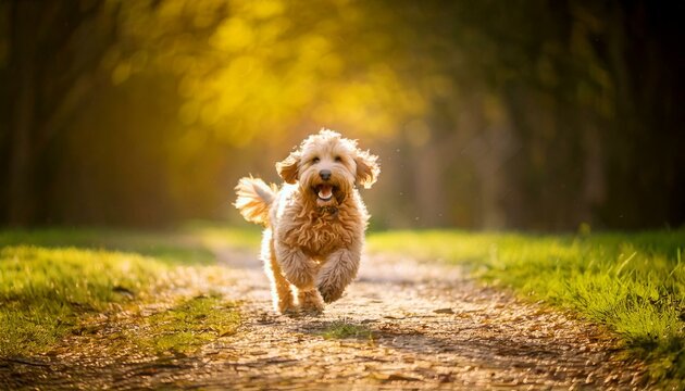 Wallpaper with adorable mini goldendoodle running in park