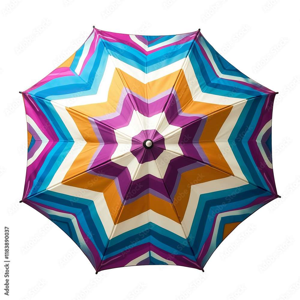Poster top view of colorful zigzag patterned umbrella with vibrant geometric design, featuring shades of bl