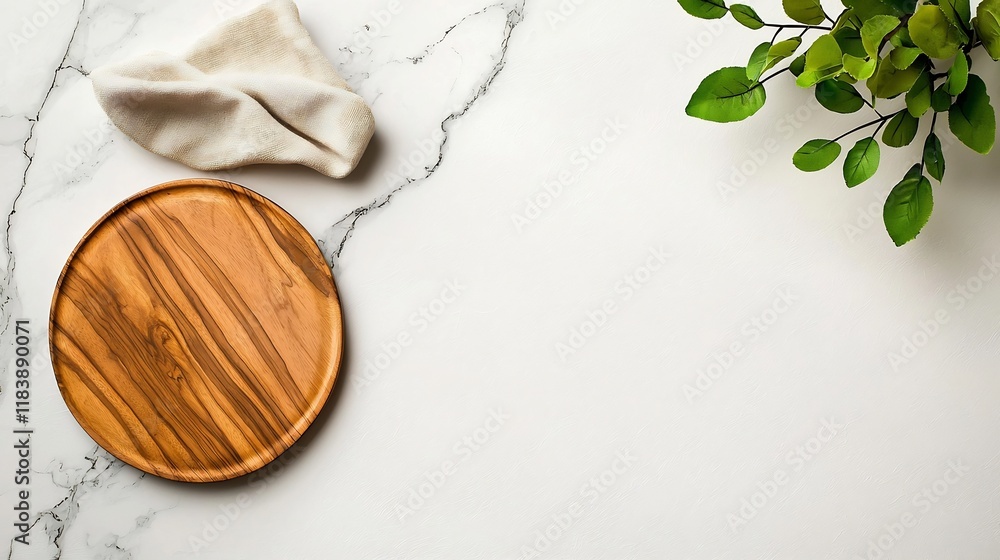 Poster elegant marble tabletop displaying a natural wood board and soft fabric napkin captured from an abov