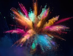 Colorful powders burst into the night sky, filling the air with joy during Holi festivities.