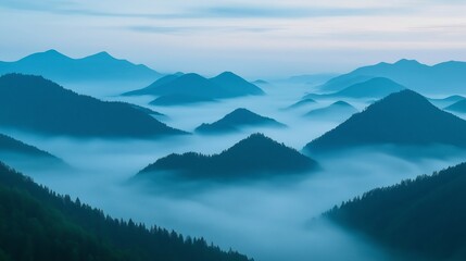 Foggy Mountain Layers with Dense Trees and Gradient Blue Sky Creating a Serene View