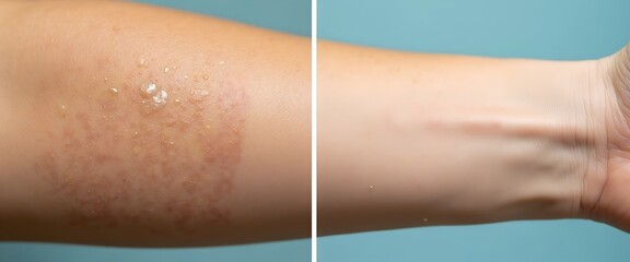 Before and after image showing skin healing from a burn or rash.