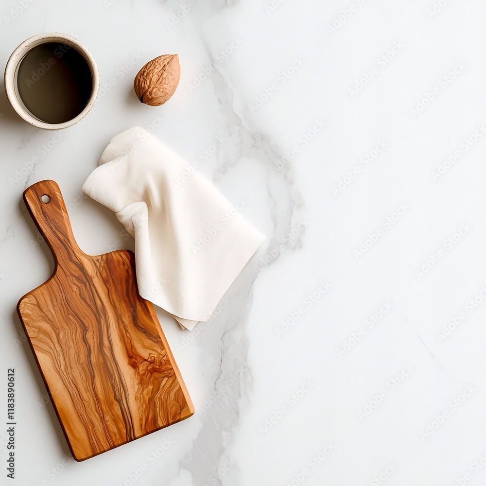 Aufkleber overhead view of a marble tabletop displaying a rustic wooden board and soft ivory linen napkin cura