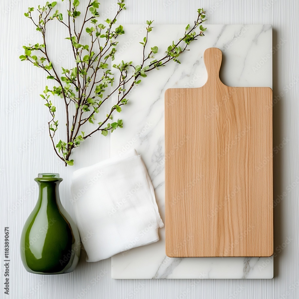 Poster overhead view of a marble tabletop featuring a wooden board and soft white linen in a simple and ele