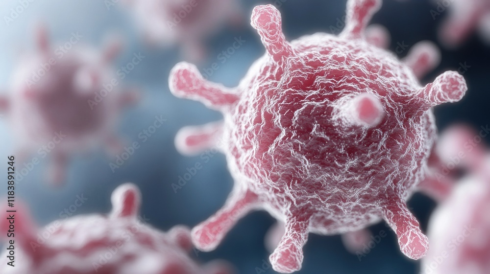 Poster close up view of pink viruses highlighted against a blue background with additional pink viruses sur